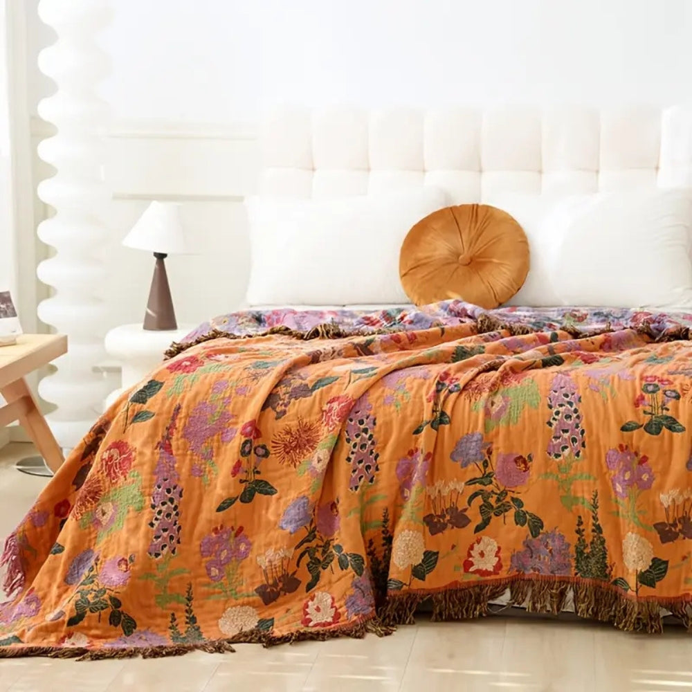 Plaid en coton floral avec pompons - Décoration intérieure bohème