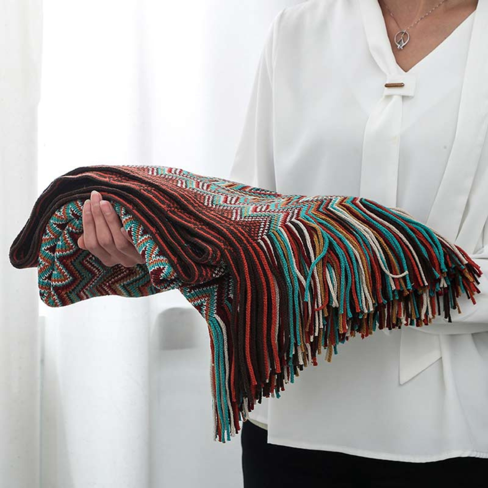 Colorful Zigzag Knit Throw Blanket with Tassels - Cozy Home Decor