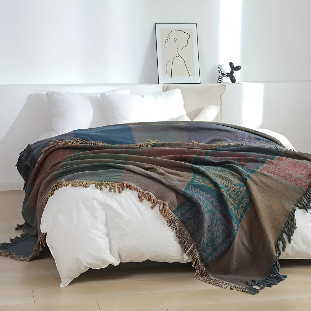 Plaid à pompons mandala bohème pour une décoration intérieure douillette