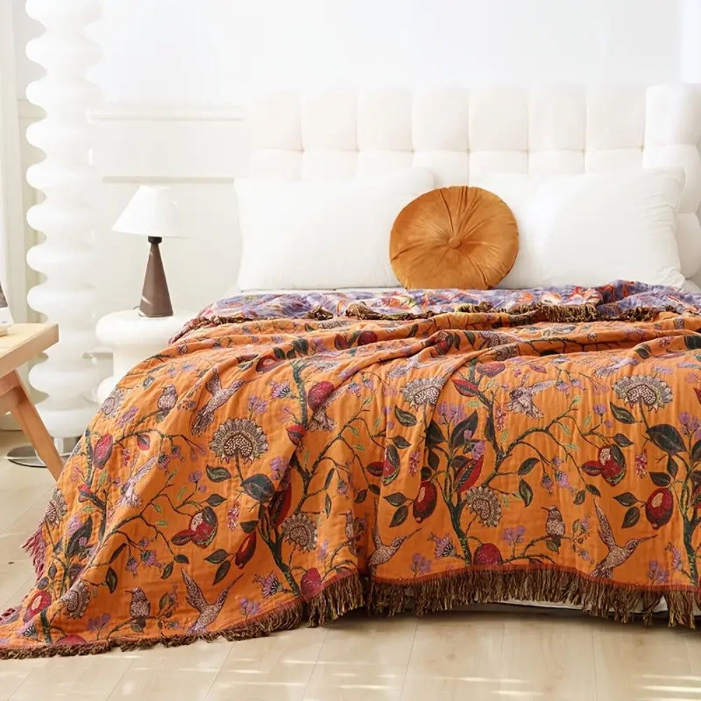 Plaid en coton floral avec pompons - Décoration intérieure bohème