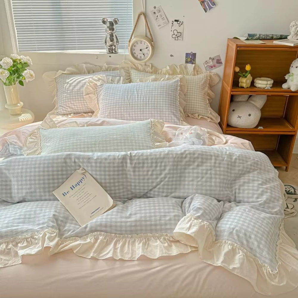 Gingham-Karo Rüschendes Bettwäsche-Set - Gemütliches Bauernhaus-Stil Bettset