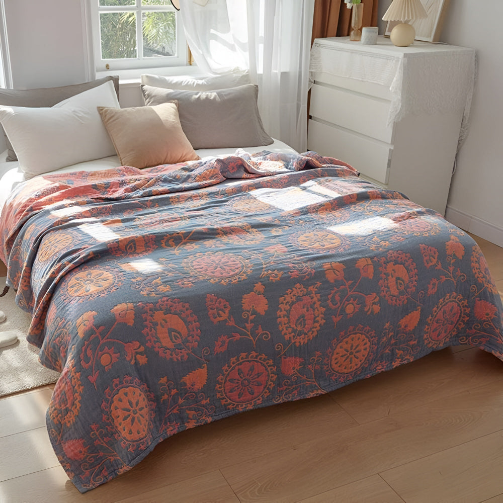 Couverture en coton floral réversible - Plaid rustique douillet pour la décoration intérieure