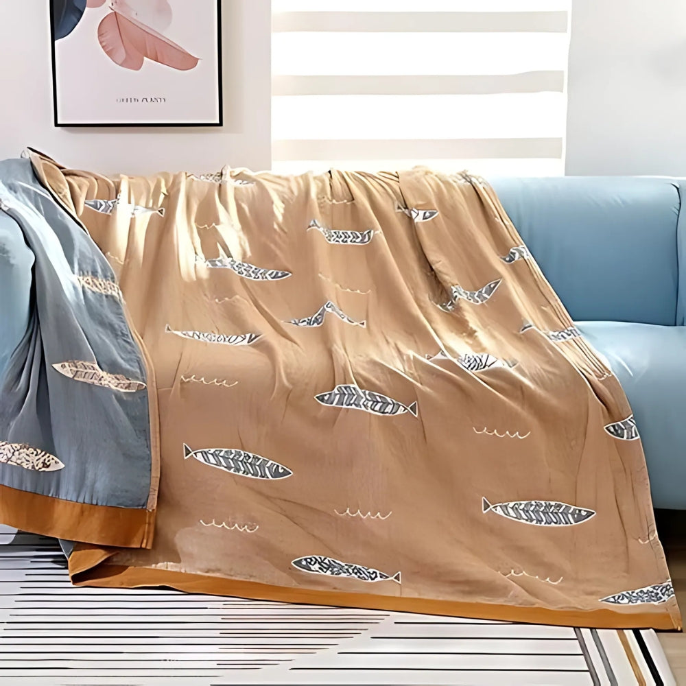 Wendbare Baumwollgaze-Decke für Babys - Goldenes Fischdesign