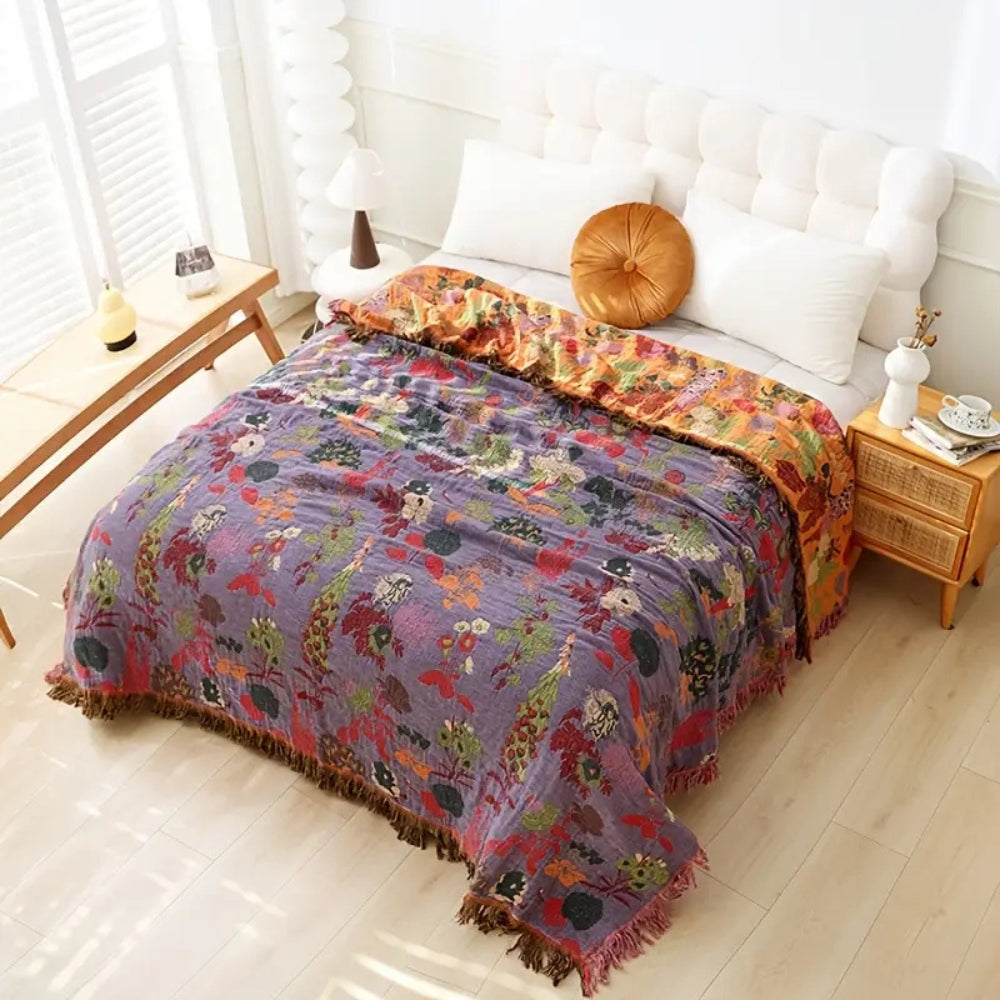 Plaid en coton floral avec pompons - Décoration intérieure bohème