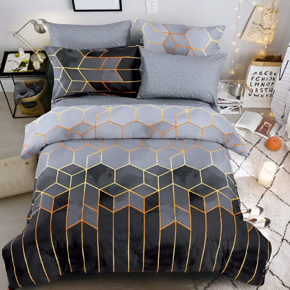 Golden Cosmo Hive | 3-teiliges Luxus-Bettbezugset für Bettwäsche