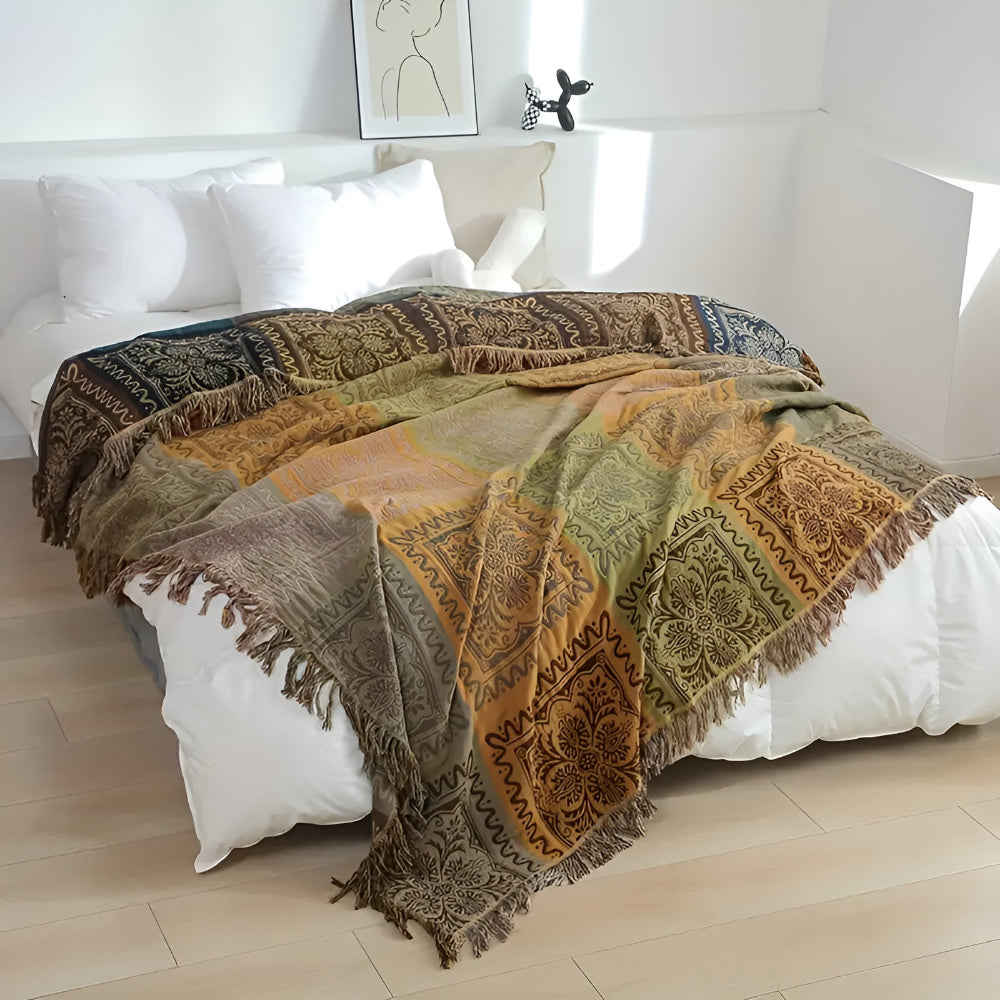 Plaid à pompons mandala bohème pour une décoration intérieure douillette