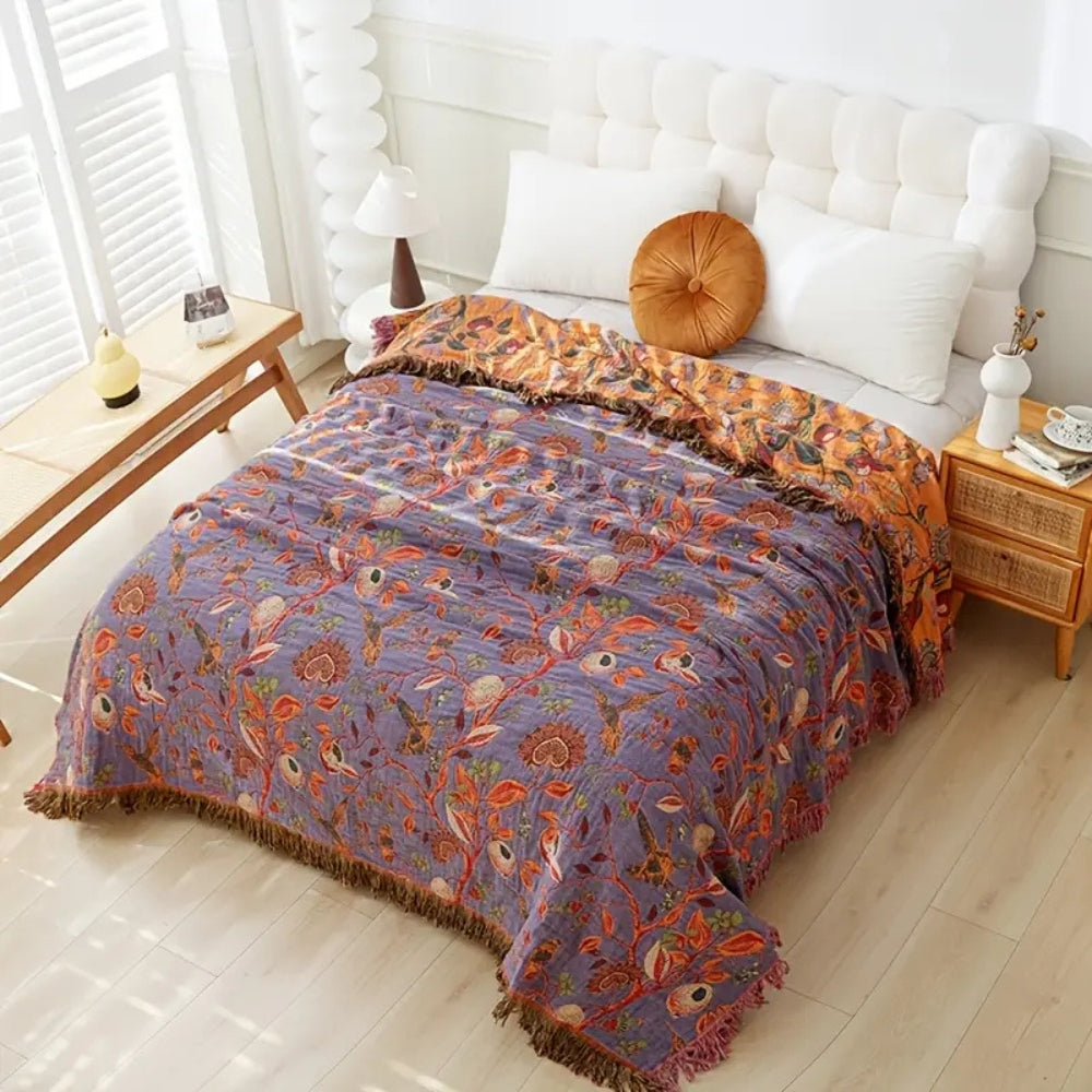 Plaid en coton floral avec pompons - Décoration intérieure bohème