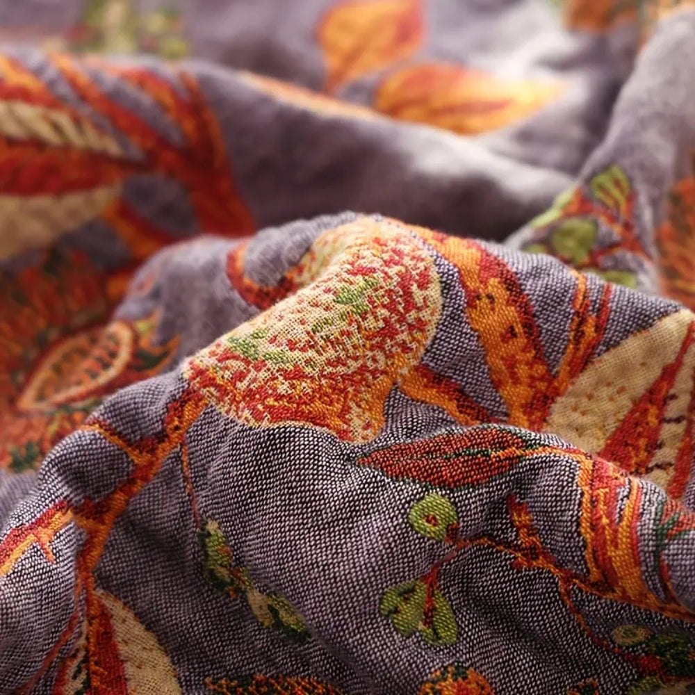 Plaid en coton floral avec pompons - Décoration intérieure bohème