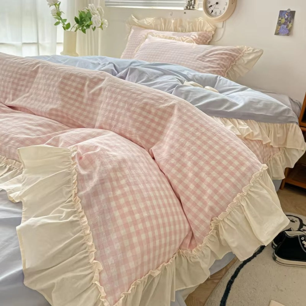 Gingham-Karo Rüschendes Bettwäsche-Set - Gemütliches Bauernhaus-Stil Bettset