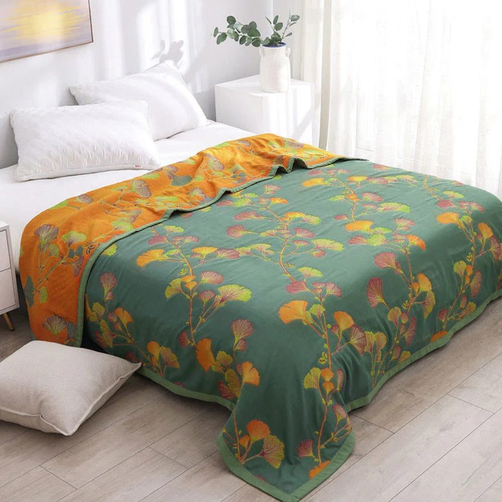 Umkehrbares florales Ginkgo-Blätter Bettüberwurf Set - Weiche Bettdecke & Quilt