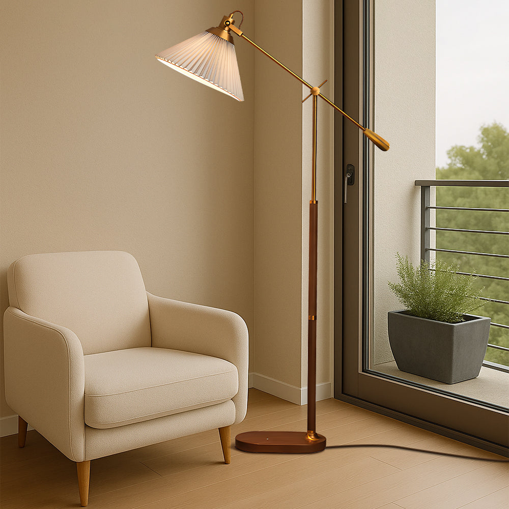 Adjustable Brass Floor Lamp with Wood Base & Pleated Shade for Living Room