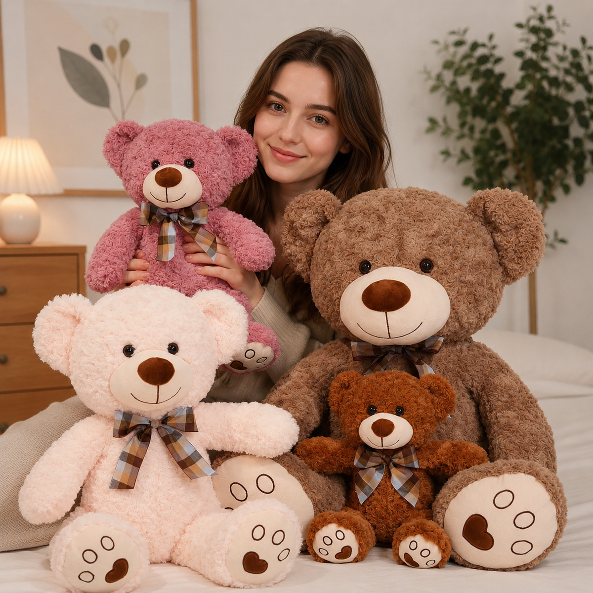 Traditional Curly Plush Teddy Bear with Bow