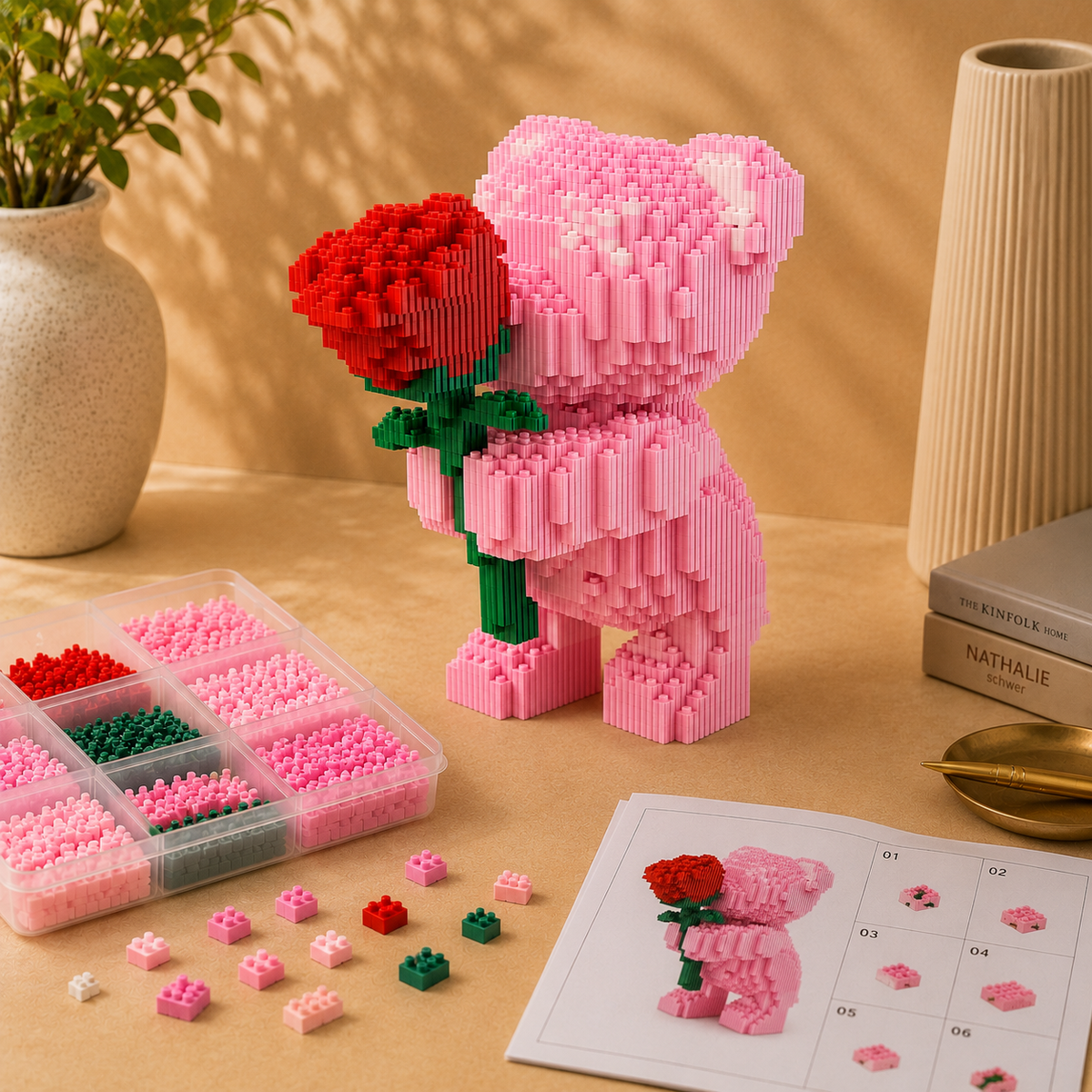 Pink Bear with Rose Building Block Set