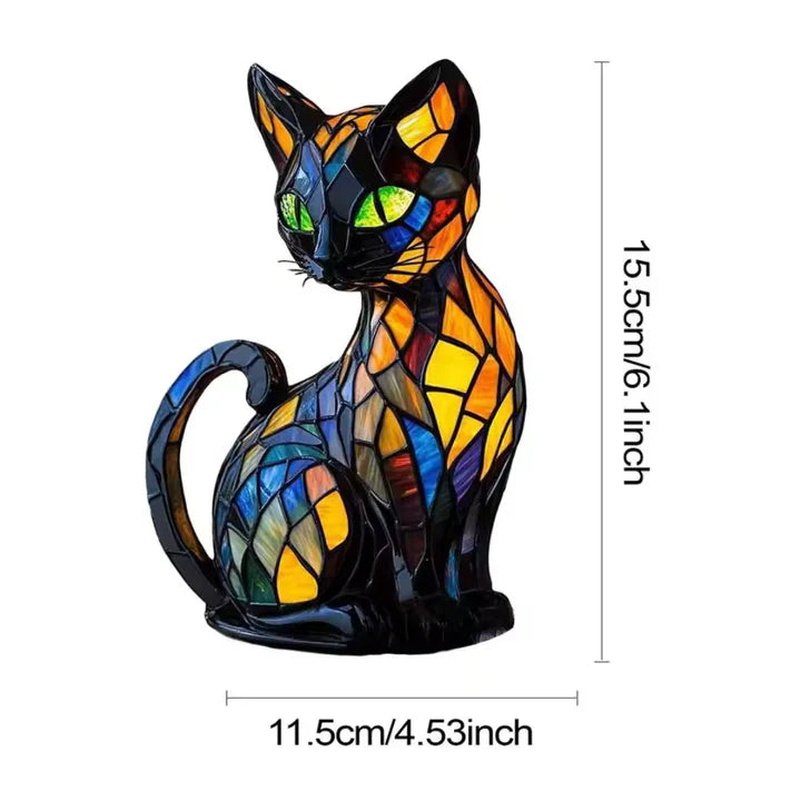 Lampe chat en vitrail faite main | Veilleuse mosaïque colorée