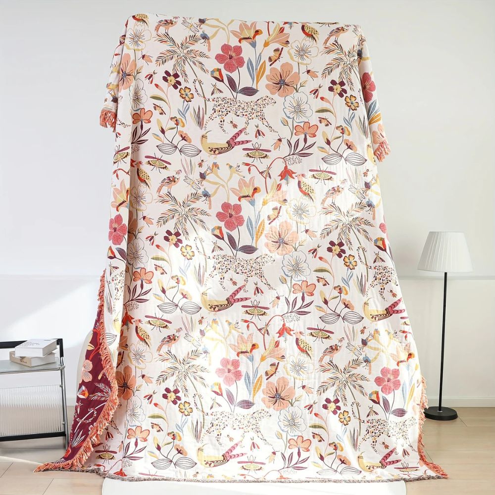 Reversible Cotton Throw Blanket - Jungle Bloom Design for Home Decor