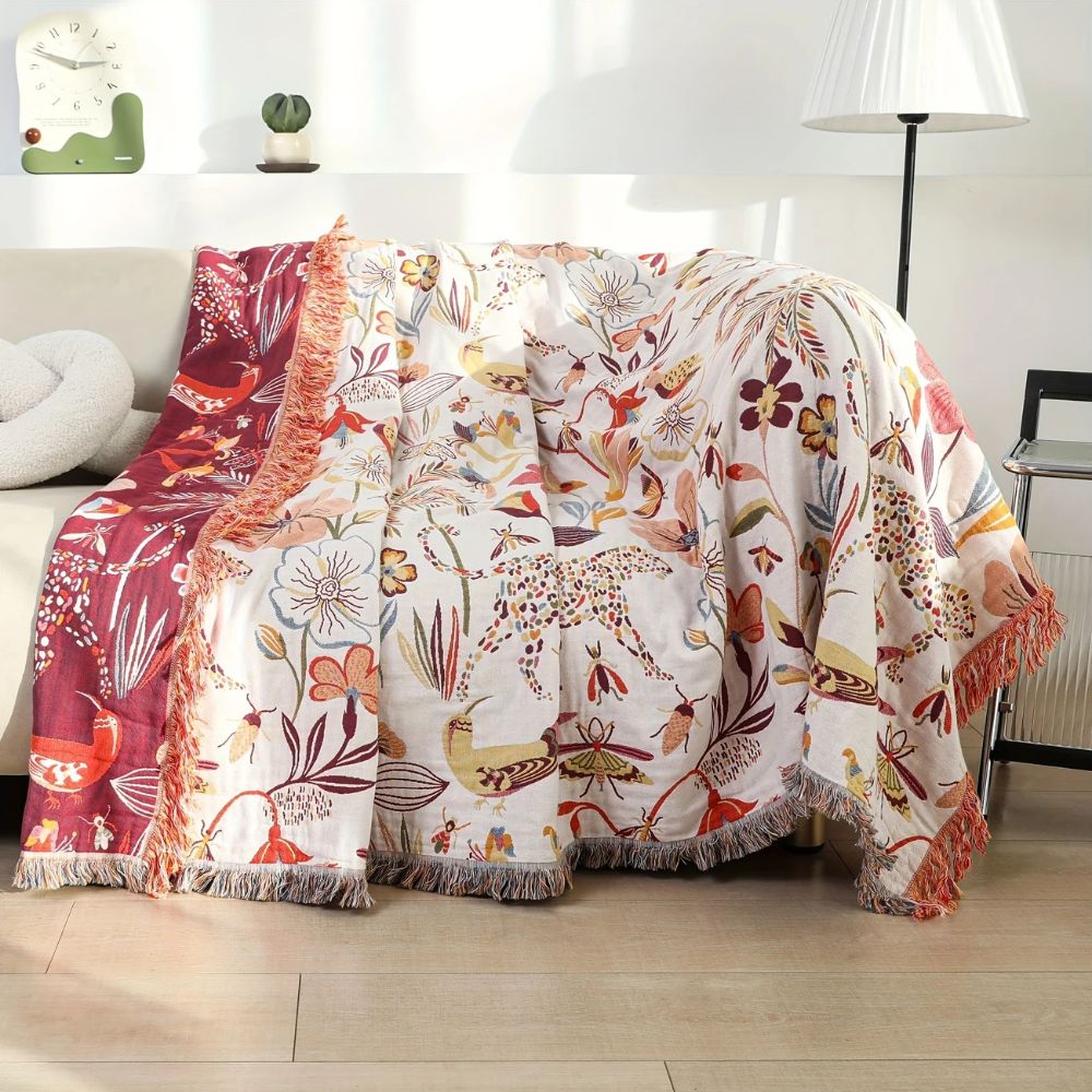Plaid réversible en coton - Design Jungle Bloom pour décoration intérieure