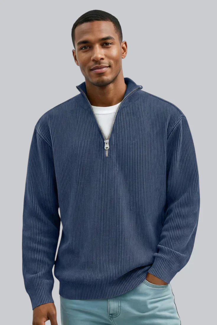 Pull tricoté pour homme avec fermeture éclair et toucher doux