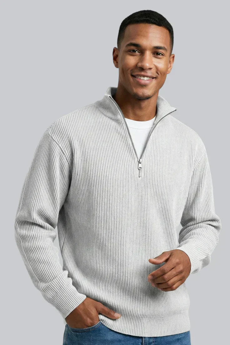 Pull tricoté pour homme avec fermeture éclair et toucher doux