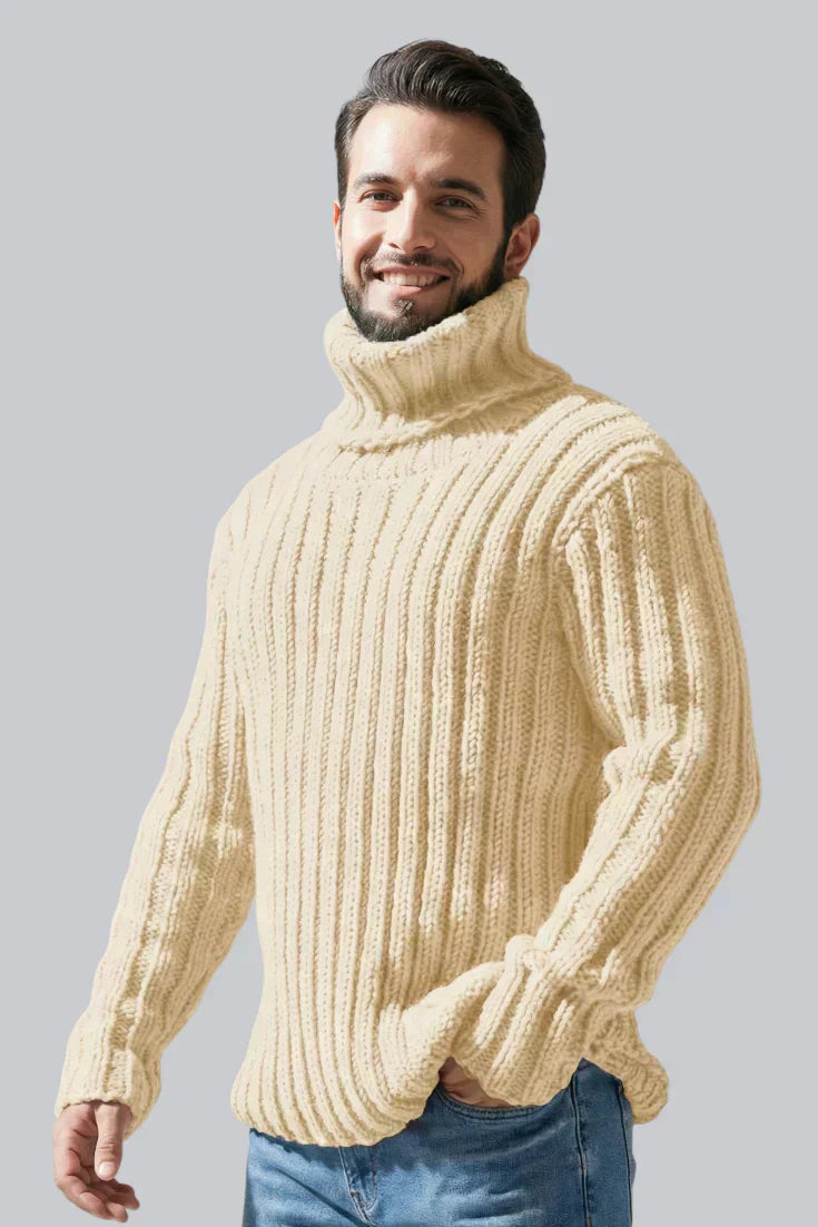 Pull à col roulé épais pour homme avec poignets côtelés et manches longues
