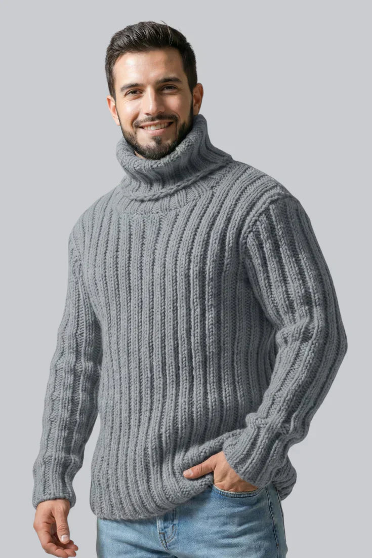 Pull à col roulé épais pour homme avec poignets côtelés et manches longues