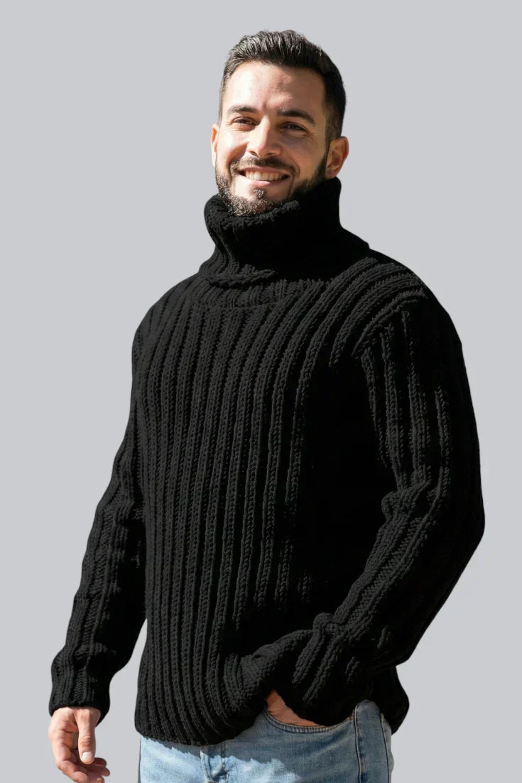 Pull à col roulé épais pour homme avec poignets côtelés et manches longues