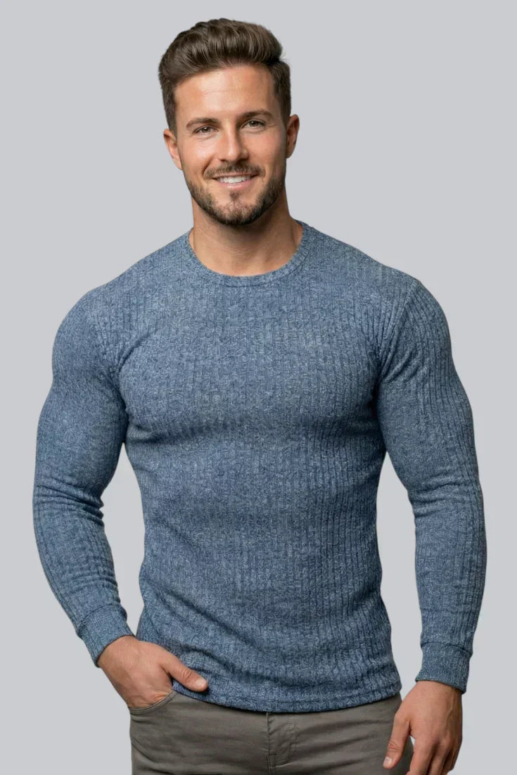 Herren Geripptes Rundhals Pullover mit langen Ärmeln und glattem Griff