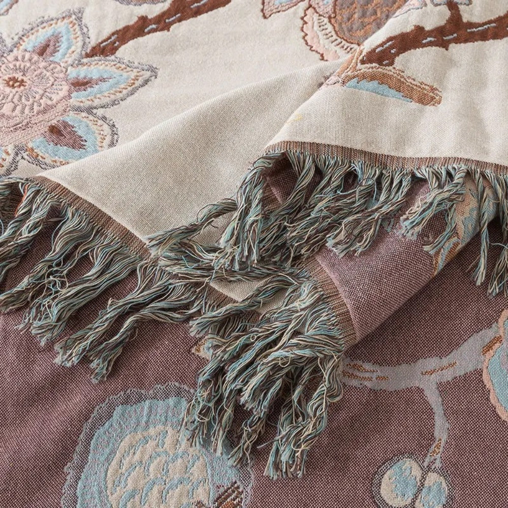 Plaid de lit en coton floral avec pompons - Design Orchid Trail