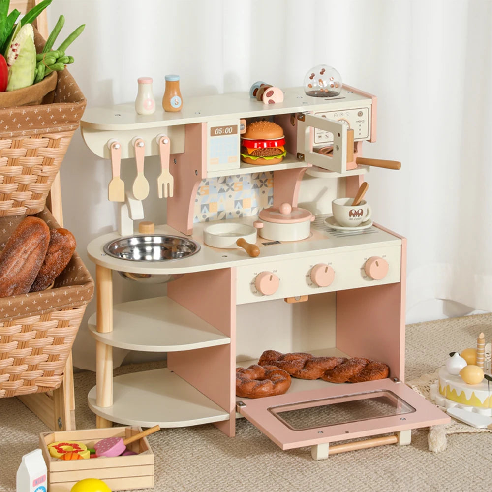 Wooden Kids' Play Kitchen with Oven, Microwave and Sink
