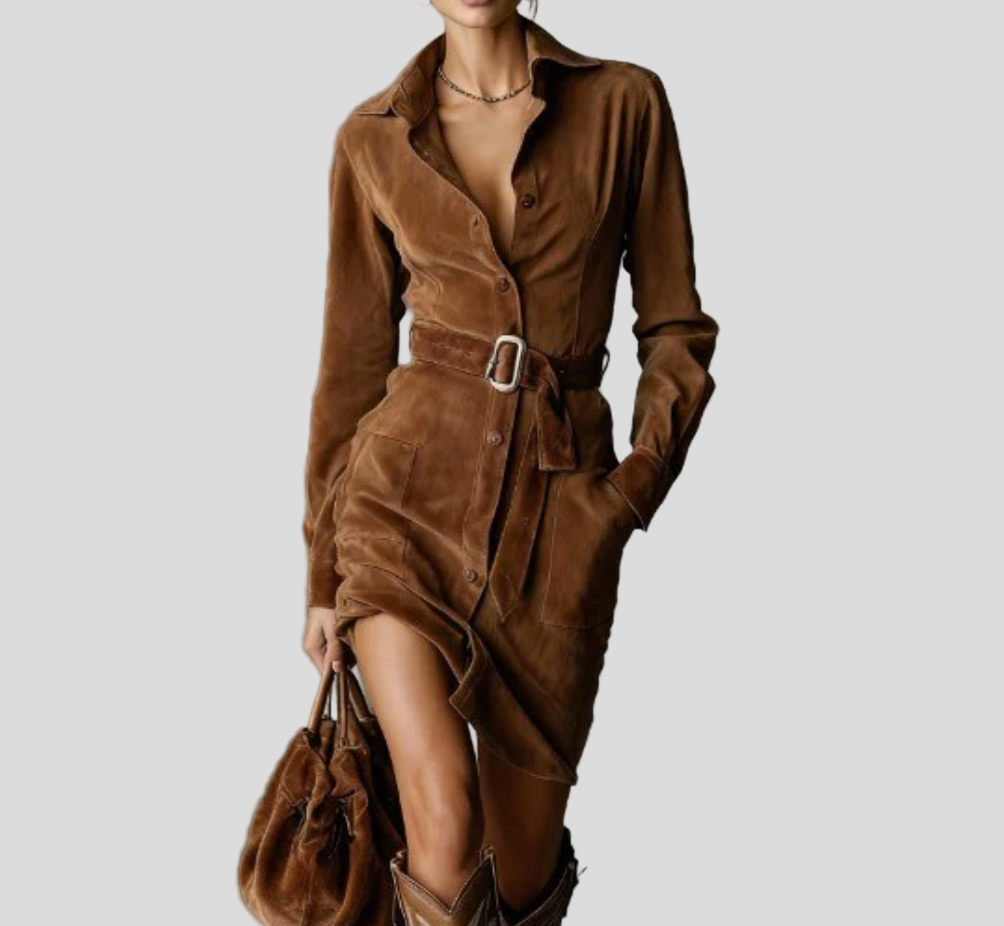 Vellora Wildleder Revers Midi-Kleid – Schlichte & Strukturierte Eleganz