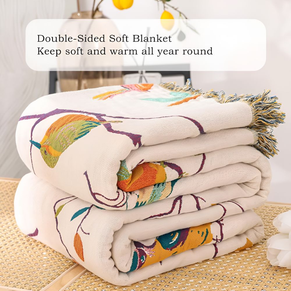 Cozy Bird Print Cotton Tassel Blanket for Home Decor & Gifts
