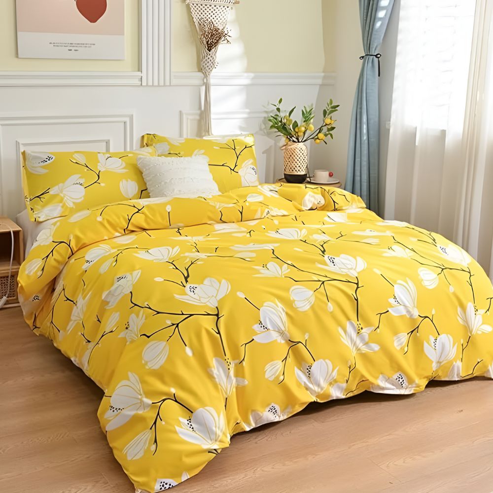 Yellow Blossom Quilt Cover Set - 3 Piece Bedding Set for Comfort