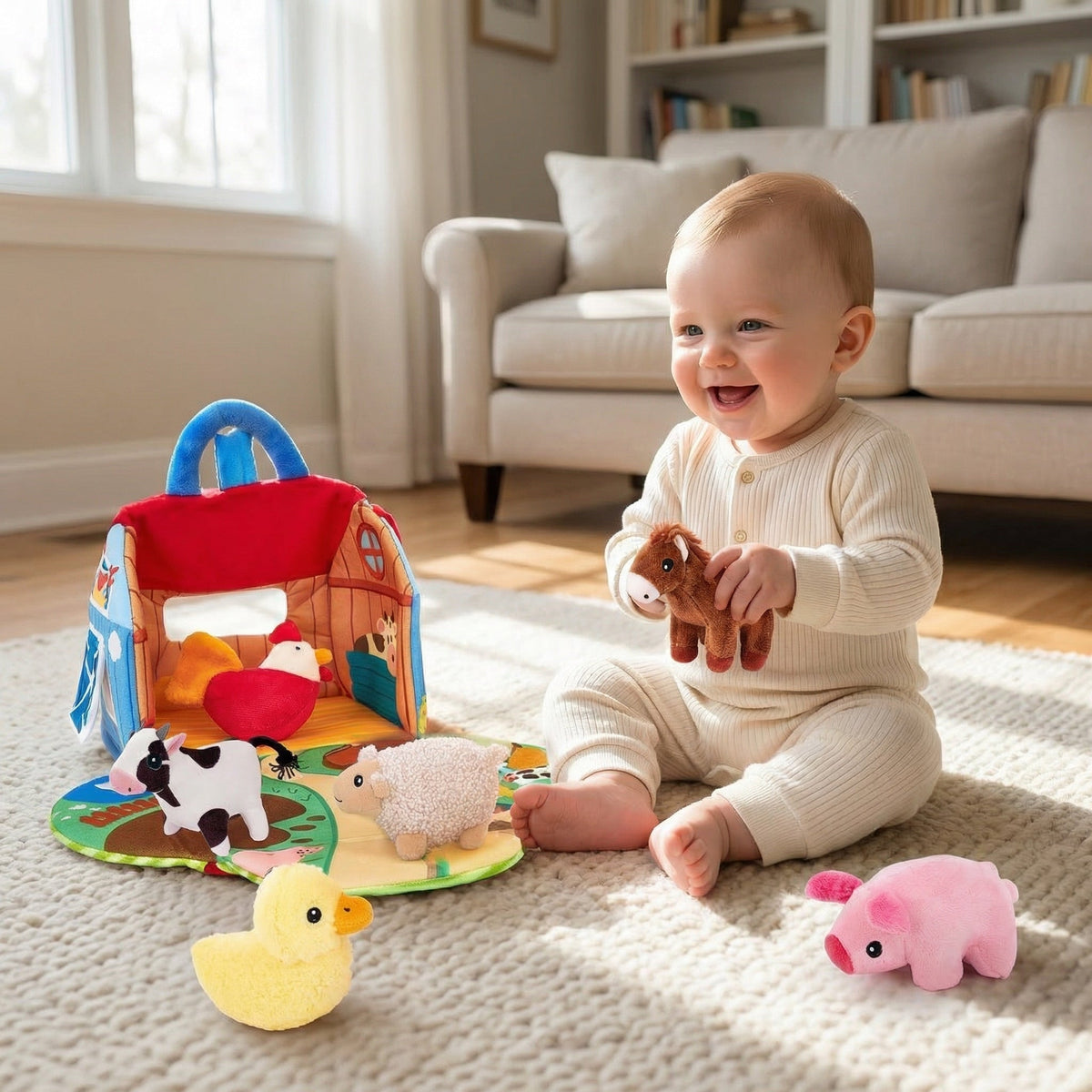 Plush Farm Animal Sound Play Set with Mat, 7 Pieces