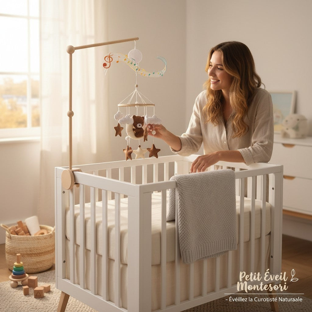 Wooden Musical Baby Mobile with Bear, Clouds and Stars