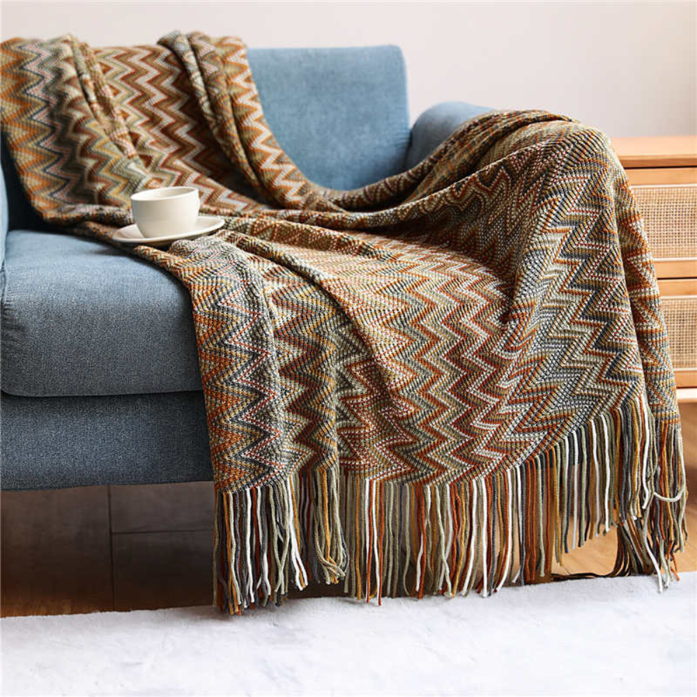 Colorful Zigzag Knit Throw Blanket with Tassels - Cozy Home Decor