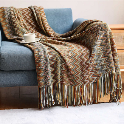 Colorful Zigzag Knit Throw Blanket with Tassels - Cozy Home Decor