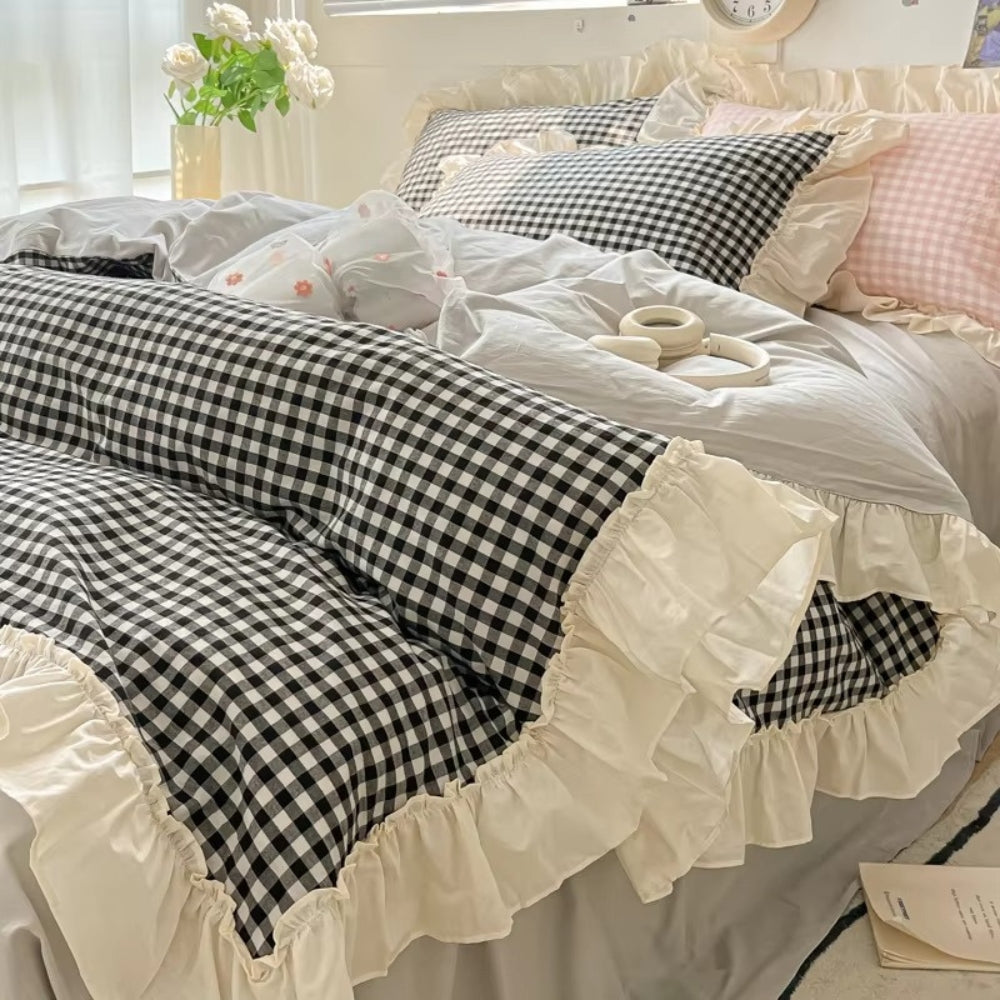 Gingham-Karo Rüschendes Bettwäsche-Set - Gemütliches Bauernhaus-Stil Bettset