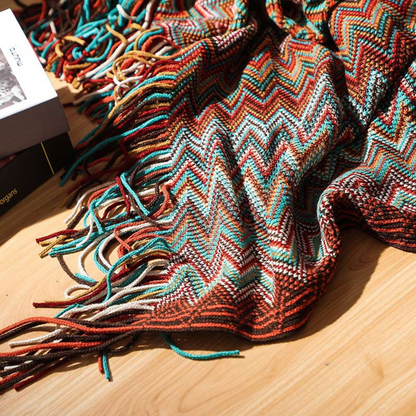 Colorful Zigzag Knit Throw Blanket with Tassels - Cozy Home Decor