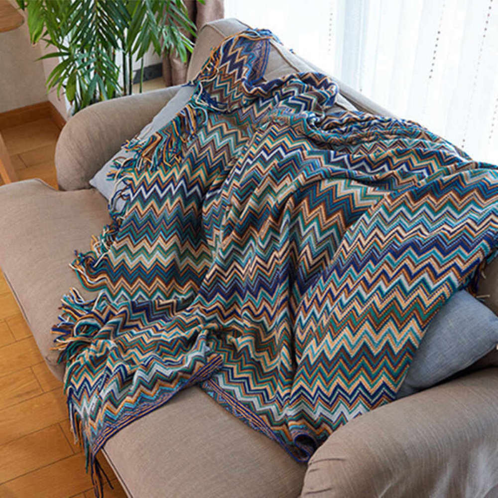 Colorful Zigzag Knit Throw Blanket with Tassels - Cozy Home Decor