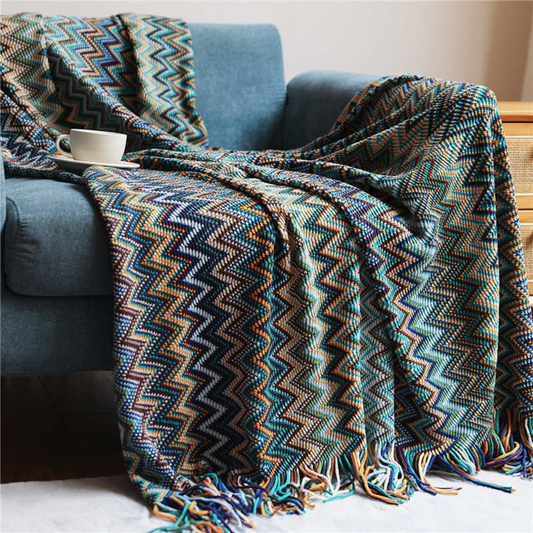 Colorful Zigzag Knit Throw Blanket with Tassels - Cozy Home Decor