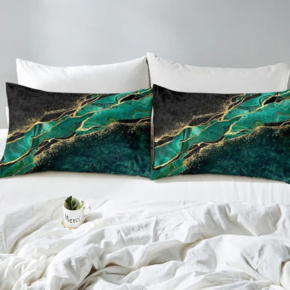 Luxury Jade Green Gold Accent Quilt Cover Set - Elegant Bedding Set
