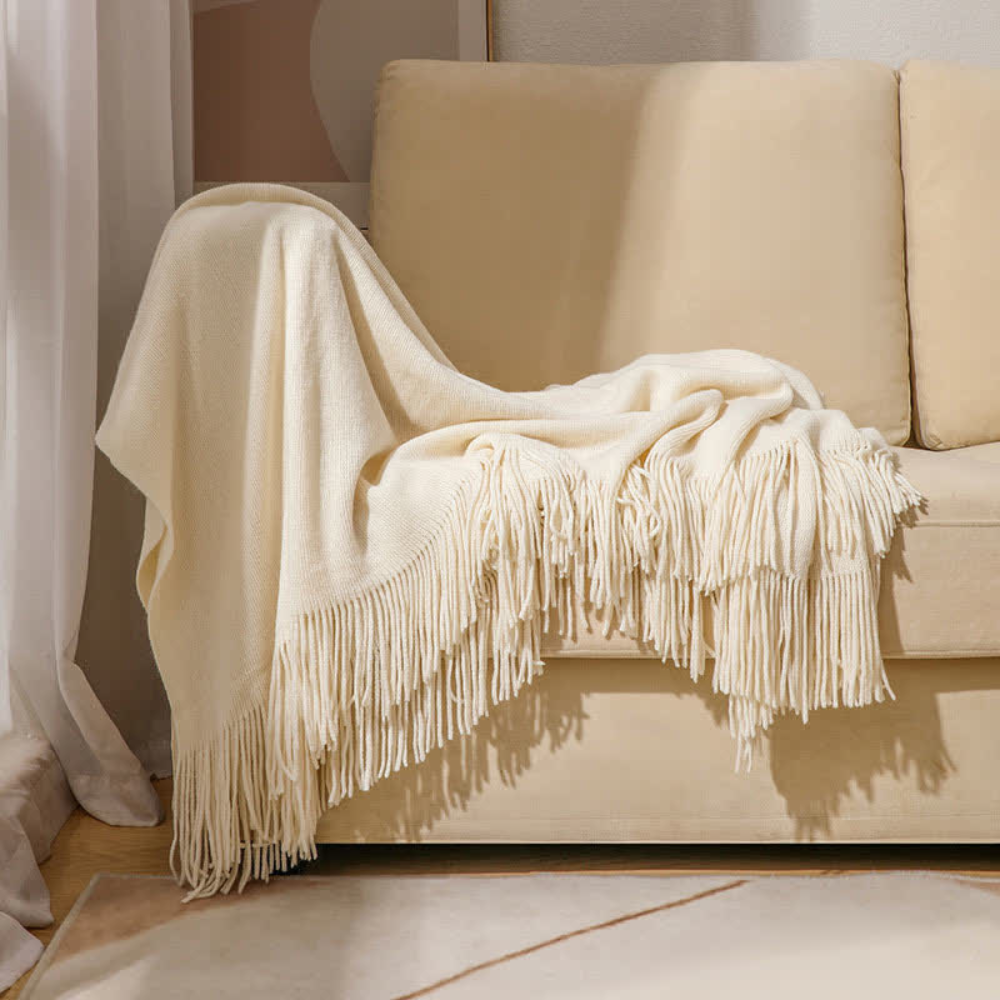 Gemütliche, dicke Strickdecke mit Quasten - Weiche Wurfdecke für Wohnkultur