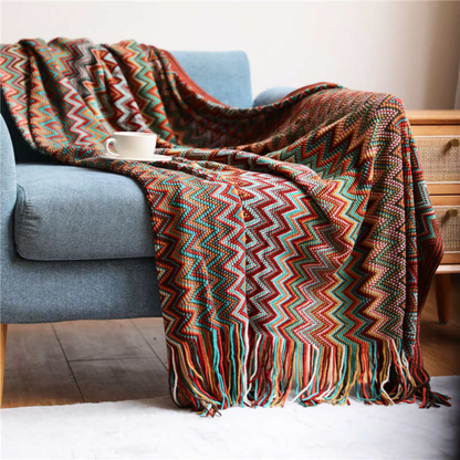 Colorful Zigzag Knit Throw Blanket with Tassels - Cozy Home Decor