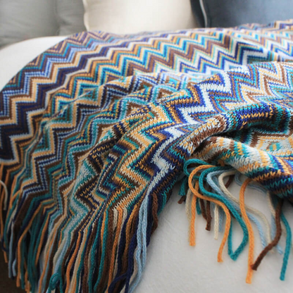 Colorful Zigzag Knit Throw Blanket with Tassels - Cozy Home Decor