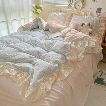 Gingham Check Ruffled Bedding Set - Cozy Farmhouse Style Bed Set