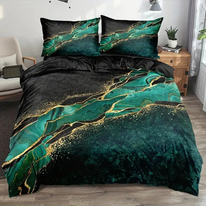 Luxury Jade Green Gold Accent Quilt Cover Set - Elegant Bedding Set