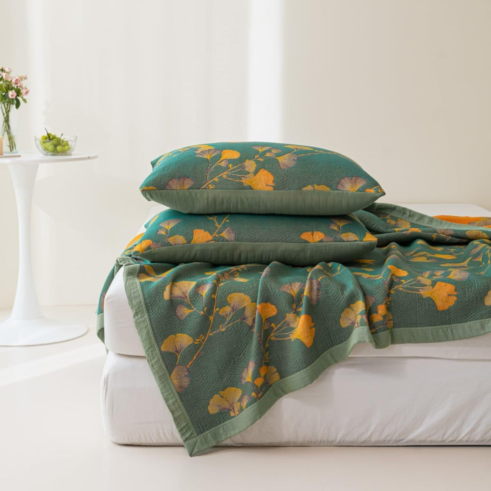 Umkehrbares florales Ginkgo-Blätter Bettüberwurf Set - Weiche Bettdecke & Quilt