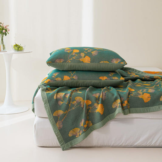 Reversible Floral Ginkgo Leaves Coverlet Set - Soft Bedspread & Quilt