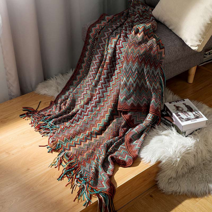 Colorful Zigzag Knit Throw Blanket with Tassels - Cozy Home Decor