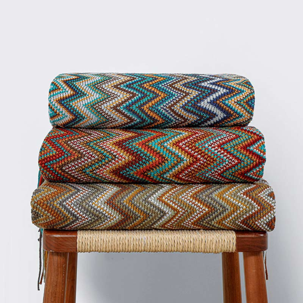 Colorful Zigzag Knit Throw Blanket with Tassels - Cozy Home Decor