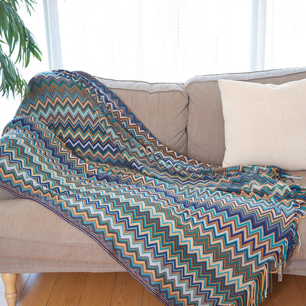 Colorful Zigzag Knit Throw Blanket with Tassels - Cozy Home Decor